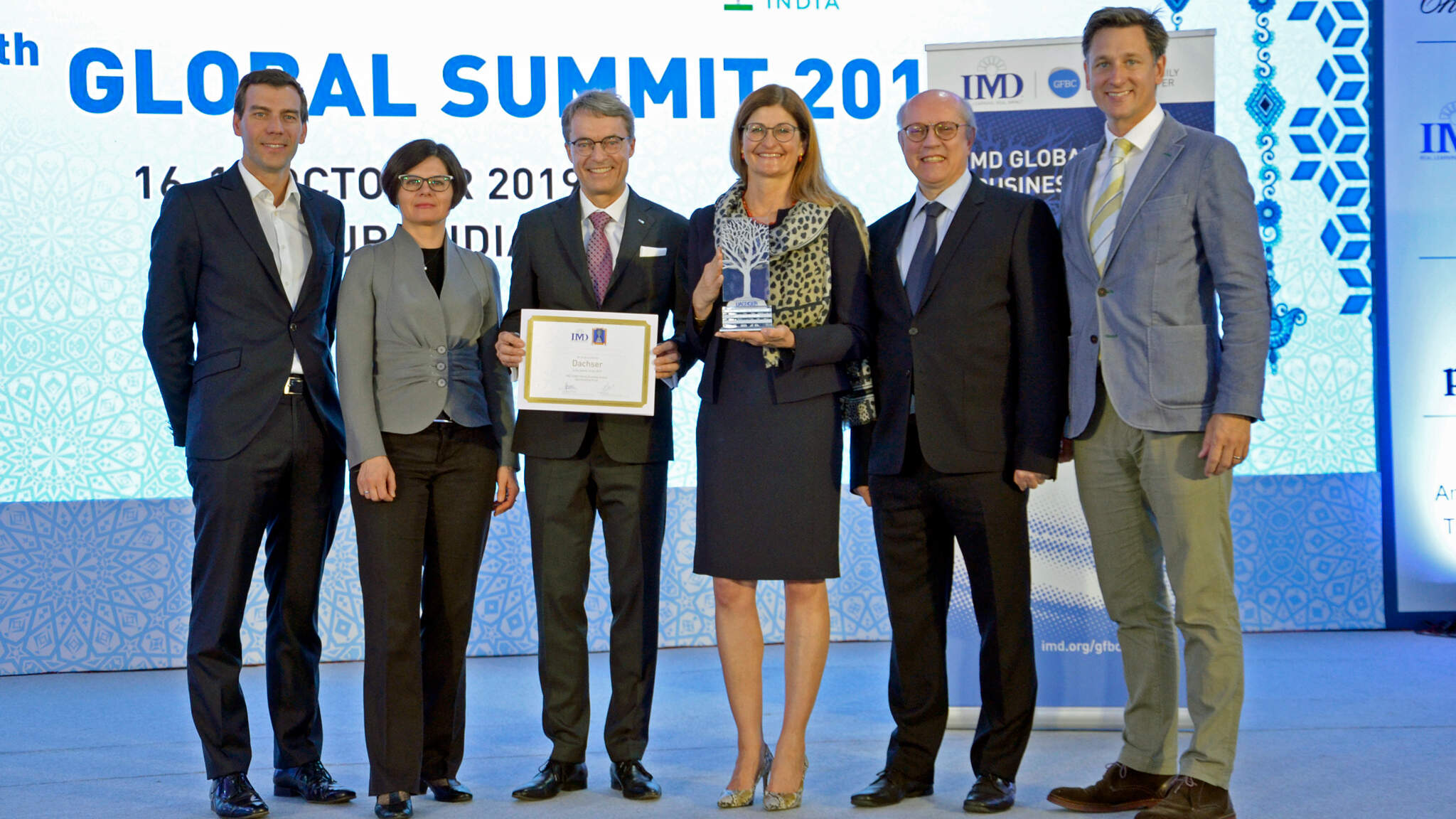 Prof. Peter Vogel, Director of IMD Global Family Business Center; Marta Widz, IMD Research Fellow; Bernhard Simon, CEO DACHSER SE; Birgit Kastner-Simon, Corporate Director Corporate Marketing, DACHSER SE; Prof. Benoit Leleux, IMD Global Family Business Award Director; Matthew Crudgington, Associate Director, IMD Global Family Business Center.